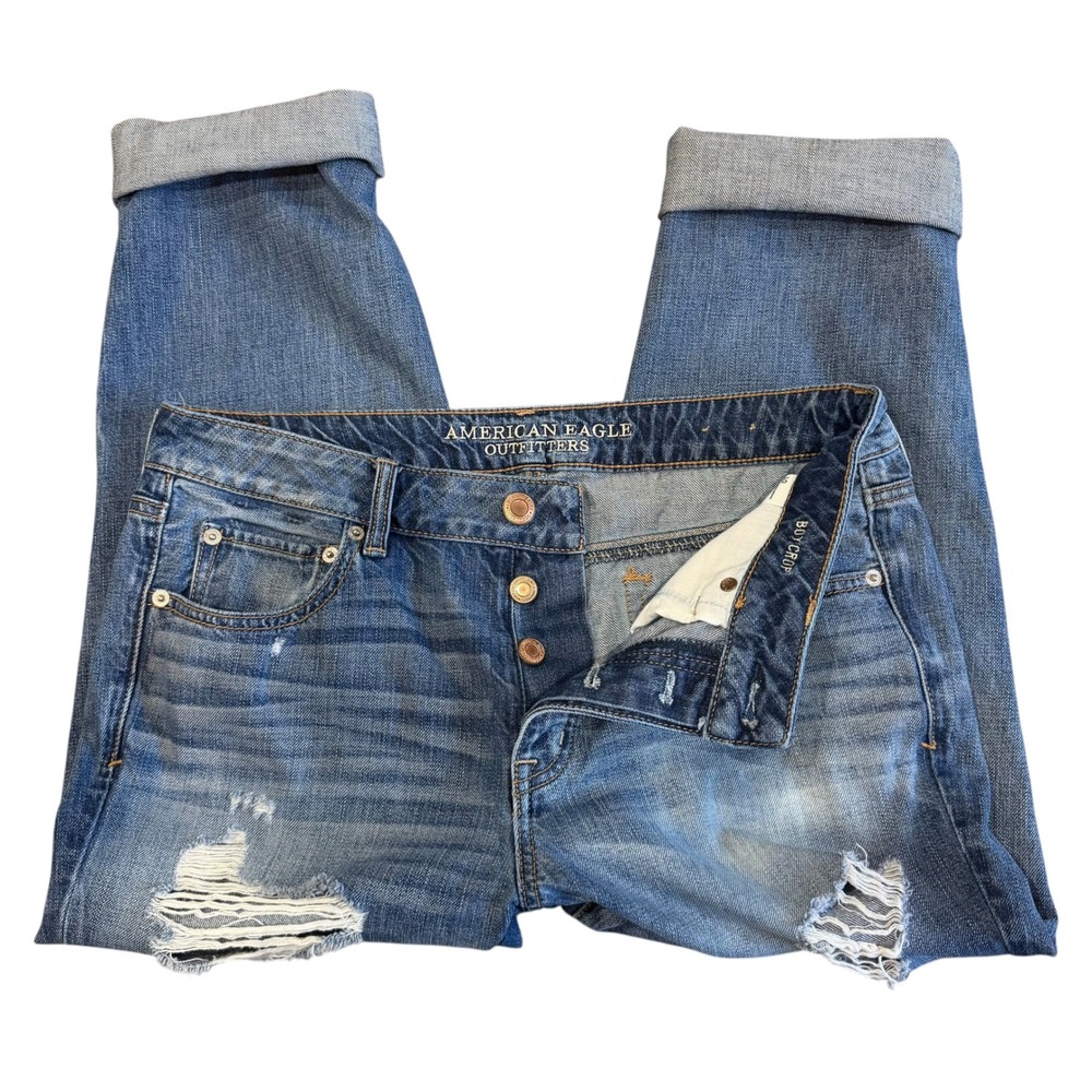 American Eagle Boy Crop Jeans Women's 10 Distressed Medium Wash Baggy Relaxed